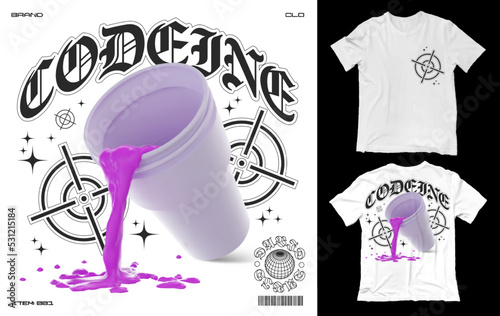 Square poster with double cup. Realistic t-shirt print with codeine syrup dripping from a cup. Isolated on white background