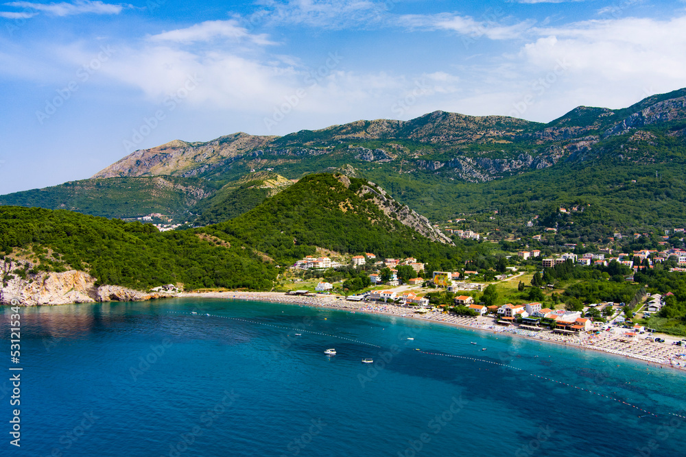 Montenegro. Coast of the Adriatic Sea. Auto camping on the beach. Summer. Tourist season. Rest on the sea. Drone. Aerial view
