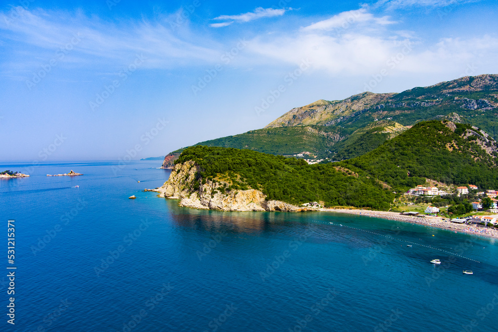 Montenegro. Coast of the Adriatic Sea. Summer. Tourist season. Drone. Aerial view