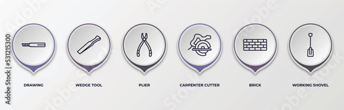 infographic template with outline icons. infographic for construction tools concept. included drawing, wedge tool, plier, carpenter cutter, brick, working shovel editable vector.