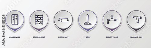 infographic template with outline icons. infographic for construction and tools concept. included glass wall, scaffolding, metal saw, soil, relief valve, sealant gun editable vector.