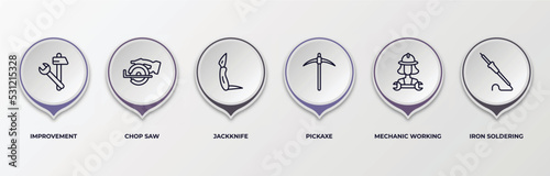 infographic template with outline icons. infographic for construction and tools concept. included improvement, chop saw, jackknife, pickaxe, mechanic working, iron soldering editable vector.