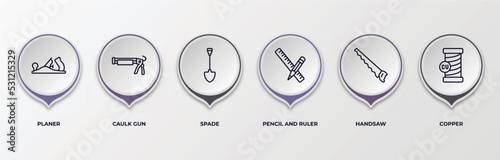 infographic template with outline icons. infographic for construction and tools concept. included planer, caulk gun, spade, pencil and ruler, handsaw, copper editable vector.