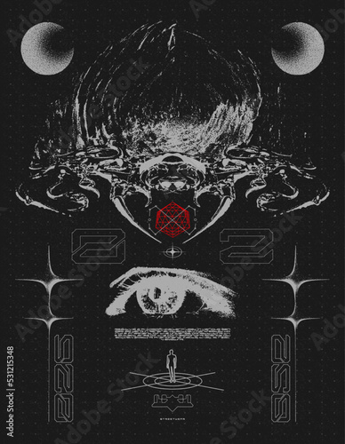 Retro futuristic poster with spaceship and stars. Abstract print with noise, for streetwear, print for t-shirts and sweatshirts on a black background