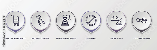 infographic template with outline icons. infographic for construction concept. included trolley with cargo, inclined clippers, derrick with boxes, stopping, angle ruler, little snowplow editable