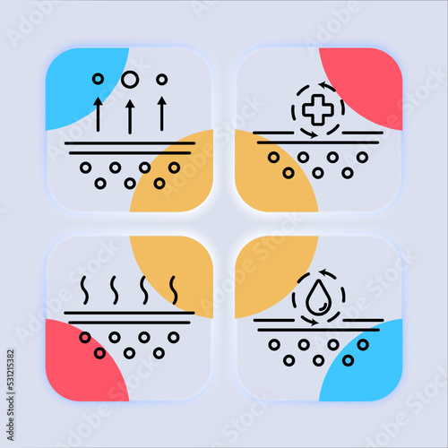 Skin care set icon. Moisturizing, hand cream, mask for face, acne treatment, pore, antiseptic, seasonal allergies, moisture. Healrhcare concept. Neomorphism style. Vector line icon for Business