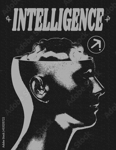 Retro futuristic poster with human head and brains. Abstract horror print with noise, for streetwear, print for t-shirts and sweatshirts on a black background