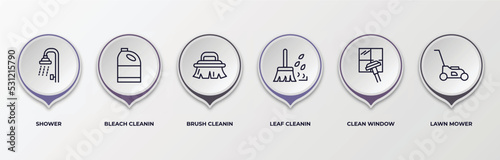 infographic template with outline icons. infographic for cleaning concept. included shower, bleach cleanin, brush cleanin, leaf cleanin, clean window, lawn mower editable vector.