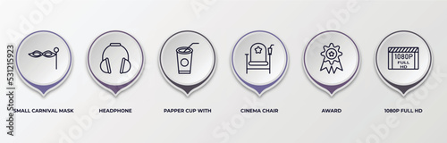 infographic template with outline icons. infographic for cinema concept. included small carnival mask, headphone, papper cup with straw, cinema chair, award, 1080p full hd editable vector.