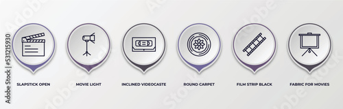 infographic template with outline icons. infographic for cinema concept. included slapstick open, movie light, inclined videocaste, round carpet, film strip black, fabric for movies editable vector.