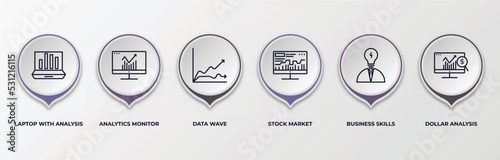 infographic template with outline icons. infographic for business and analytics concept. included laptop with analysis, analytics monitor, data wave, stock market, business skills, dollar analysis