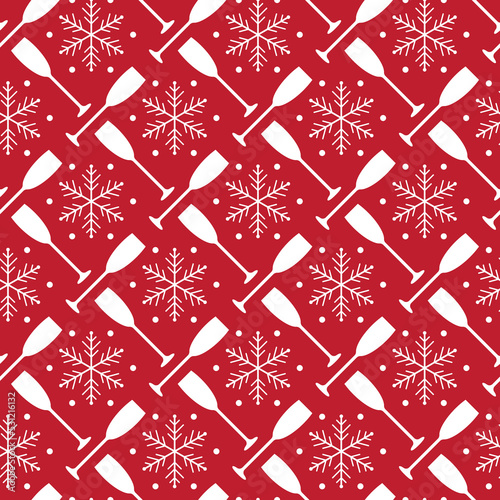 Christmas and new year seamless pattern with champagne glasses and snowflakes on red background.