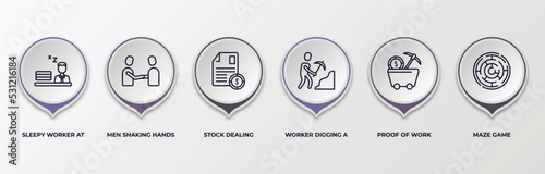 infographic template with outline icons. infographic for business concept. included sleepy worker at work, men shaking hands, stock dealing, worker digging a hole, proof of work, maze game editable