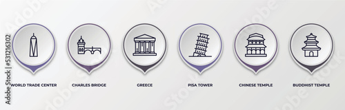 infographic template with outline icons. infographic for buildings concept. included world trade center, charles bridge, greece, pisa tower, chinese temple, buddhist temple editable vector.