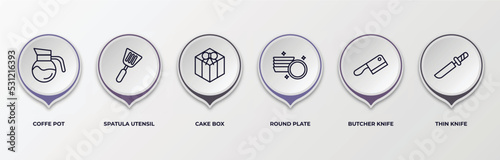 infographic template with outline icons. infographic for bistro and restaurant concept. included coffe pot, spatula utensil, cake box, round plate, butcher knife, thin knife editable vector.