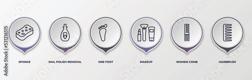 infographic template with outline icons. infographic for beauty concept. included sponge, nail polish removal, one foot, makeup, women comb, hairbrush editable vector.