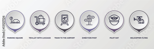 infographic template with outline icons. infographic for airport terminal concept. included parking square, trolley with luggage, train to the airport, direction post, pilot hat, helicopter flying