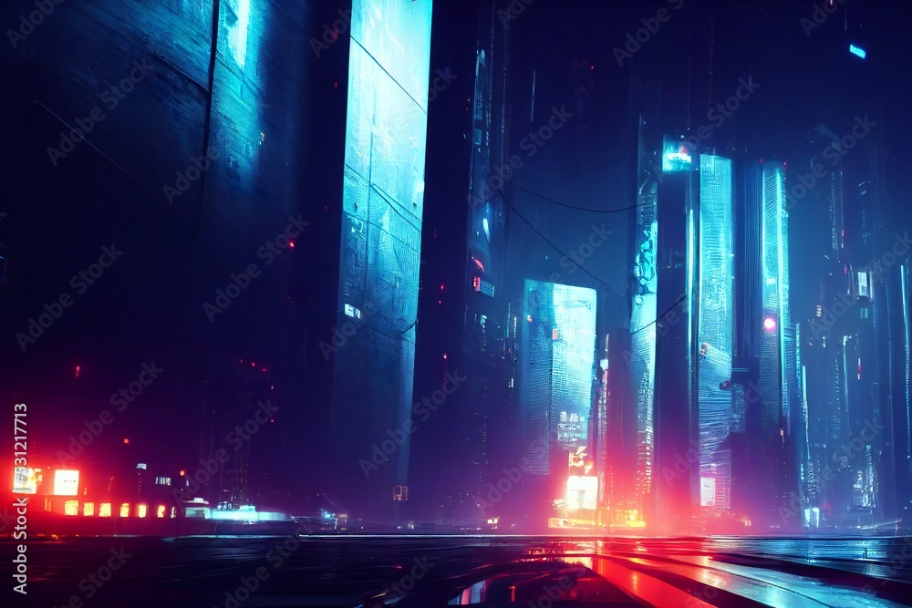 Night view of a modern city full of technology. Photorealistic 3d illustration of the futuristic city. 