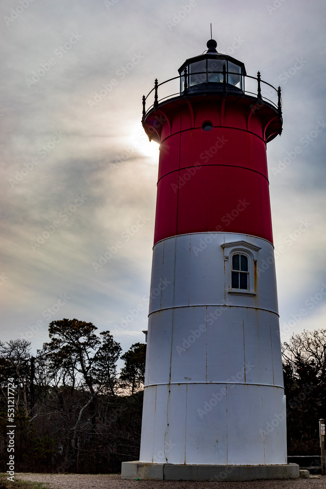 Nauset Lighthouse during sunset in Cape Cod National Seashore in Massachussetts.