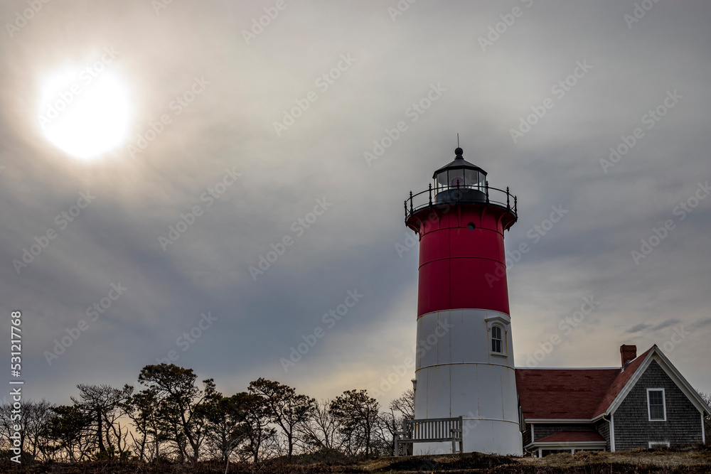 Nauset Lighthouse during sunset in Cape Cod National Seashore in Massachussetts.
