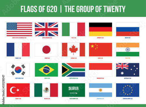 G20 Flags. Group of Twenty Flags. Intergovernmental forum. G20 Isolated Vector Flags Set
