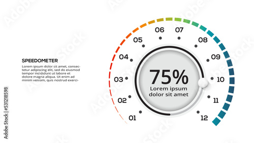 Speedometer infographic with 12 elements template for web, business, presentations, vector illustration. Business data visualization.
