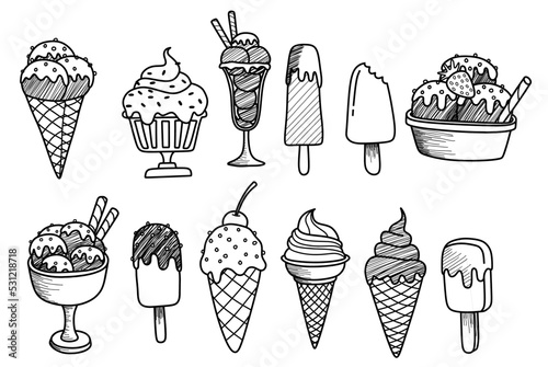 colorful ice cream collection. Doodle sketch style.