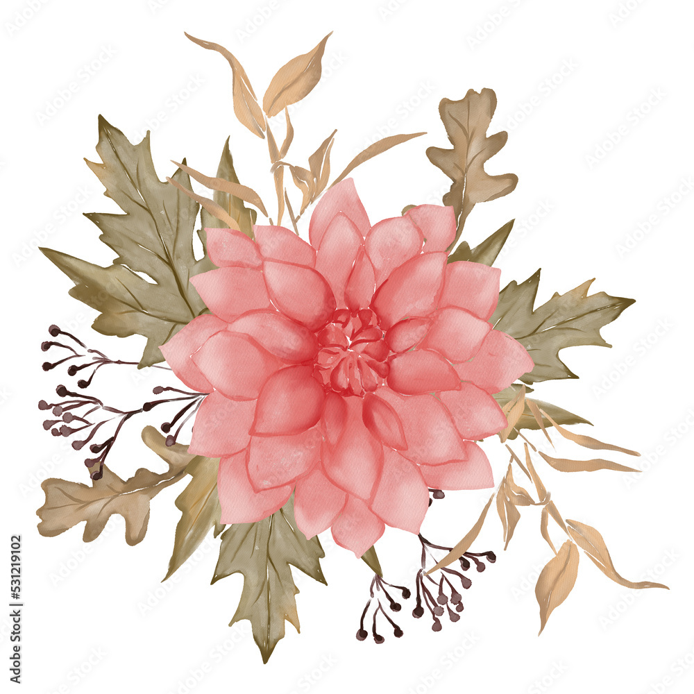 Watercolor floral autumn ilustration with chrysanthemum flower, dry leaves and branches, oak tree