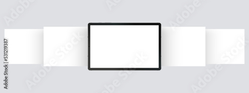 Black Tablet Computer Mockup With Horizontal App Screens. Blank Template for Responsive Showcase Presentation. Vector Illustration