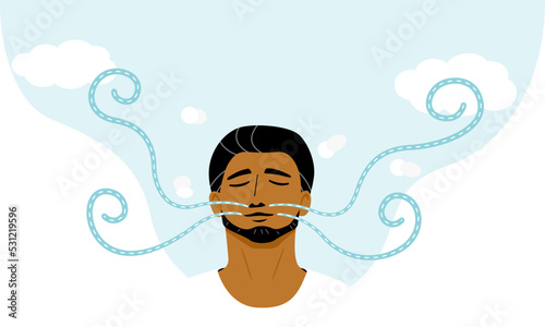 Relaxed man breathing fresh air  on white backgroud with cloud and fresh air line, design for web banner and advertising. flat vector illustration.