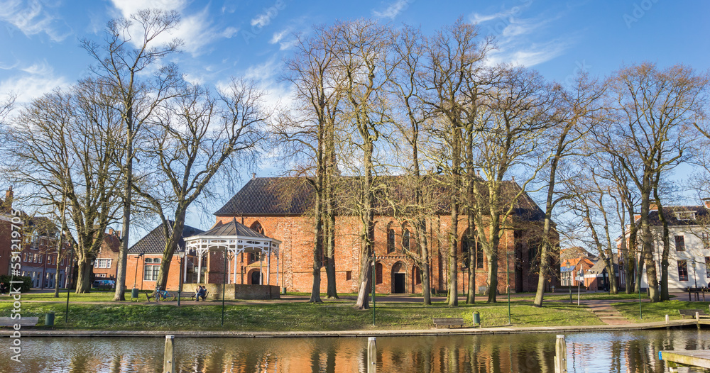 Panorama of the historic Nicolai church at the harbor of Appingedam, Netherlands