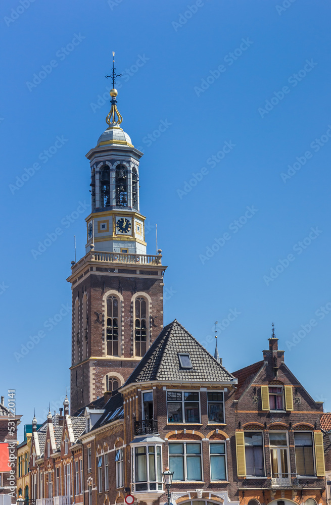 Old houses and historic tower in Kampen, Netherlands