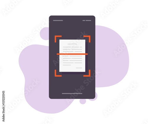 Scanning text document using mobile cell phone vector illustrated, cellphone smartphone recognize scan app on screen via camera image