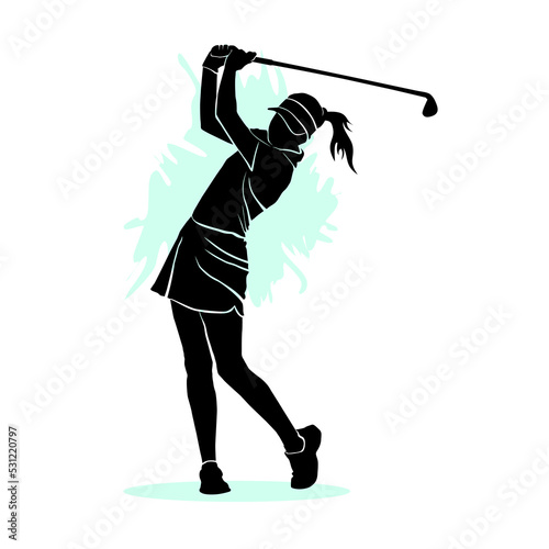 Silhouette of female golfer hitting ball. Vector illustration