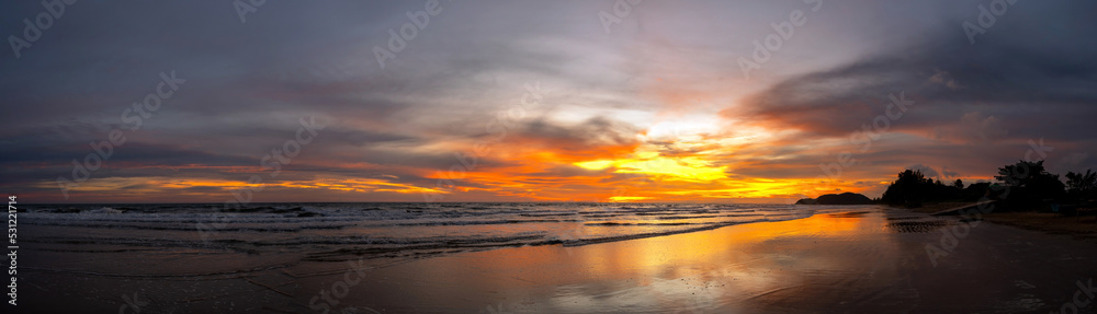 Panorama Beautiful sunset over the sea.sky on twilight time and reflection on the sea for travel in holiday relax time,Asia landscape concept.