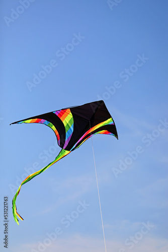 black kite with multicolored stripes flies in the sky attached to the string
