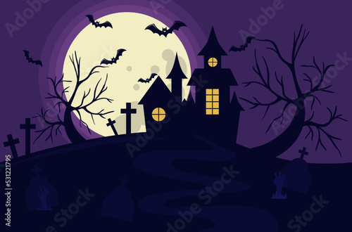 a scary house on a hill against the background of the full moon and bats of trees and graves with the hands of the dead
