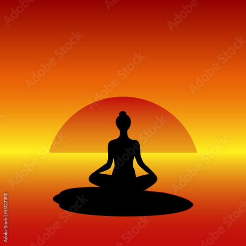 Yoga woman silhouette on the stone at sunrise