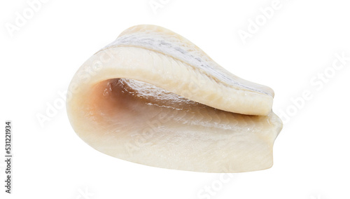 Herring, fillet folded in half, bent, isolated on white background with clipping path, element of packaging design. Full depth of field.