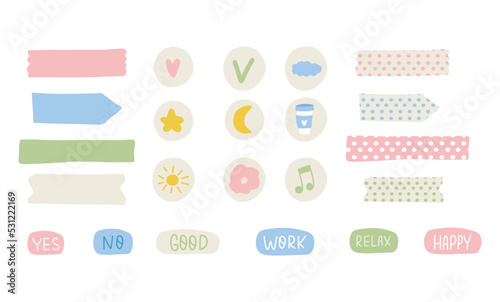 Daily routine stickers set. Cute cartoon vector icons for planning and motivation. Hand drawn flat printable stickers scrapbook for planner and bullet journal