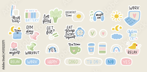 Daily routine stickers set. Cute cartoon vector icons and lettering quotes for planning and motivation. Hand drawn flat printable stickers scrapbook for planner and bullet journal
