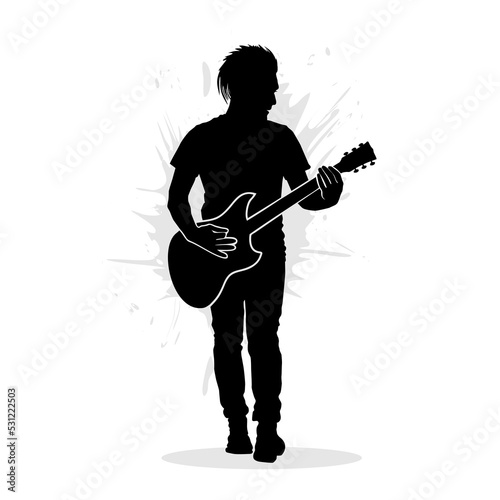 Black silhouette of electric guitar player. Vector illustration