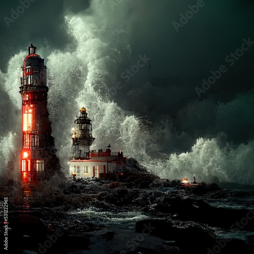 A lighthouse, surrounded by the stormy sea. Fantastic 3D rendered digital illustration. Fantasy.