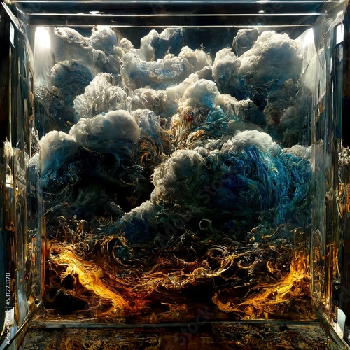 A glass cube filled with chaos. Fantasy. Abstract. Fantastic 3D rendered digital.