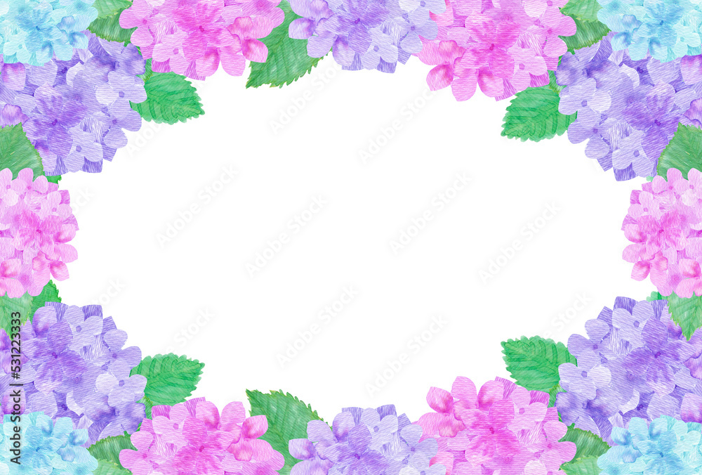 イラスト素材：水彩絵の具で描いたかわいい紫陽花の横位置の背景（紫・ピンク・水色）（透過背景）
