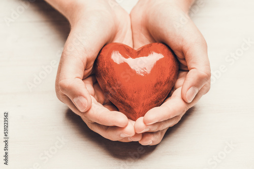 Fototapeta Naklejka Na Ścianę i Meble -  Red wood heart in child hands