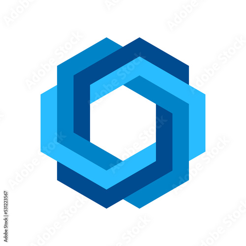 Blue impossible hexagon symbol. Endless geometric figure. Triple hexagonal loop. Business logo template. Infinite shape icon. Blue intertwined polygonal object. Vector illustration, flat, clip art. 
