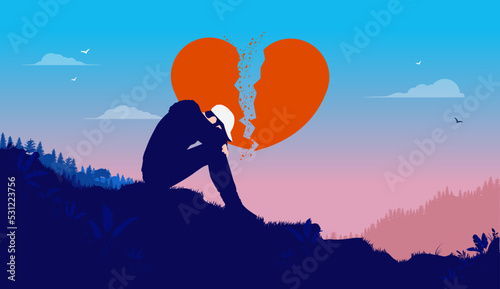 Broken hearted man - Young male sitting alone feeling sad and depressed with broken heart outdoors in nature landscape. Vector illustration