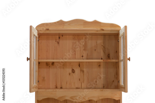 Retro style modern kitchen cabinet with open doors and shelves. Open doors of a wooden kitchen cabinet with shelves isolated on a white background.