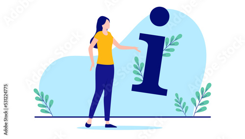 Woman giving information - Female person presenting the letter i, flat design vector illustration with white background